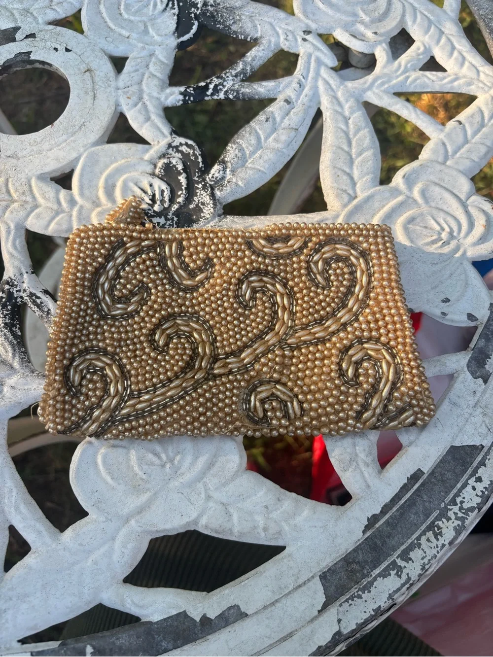 Vintage 60s Emson Handmade Pearl Swirl Beaded Clutch Evening Bag Japan